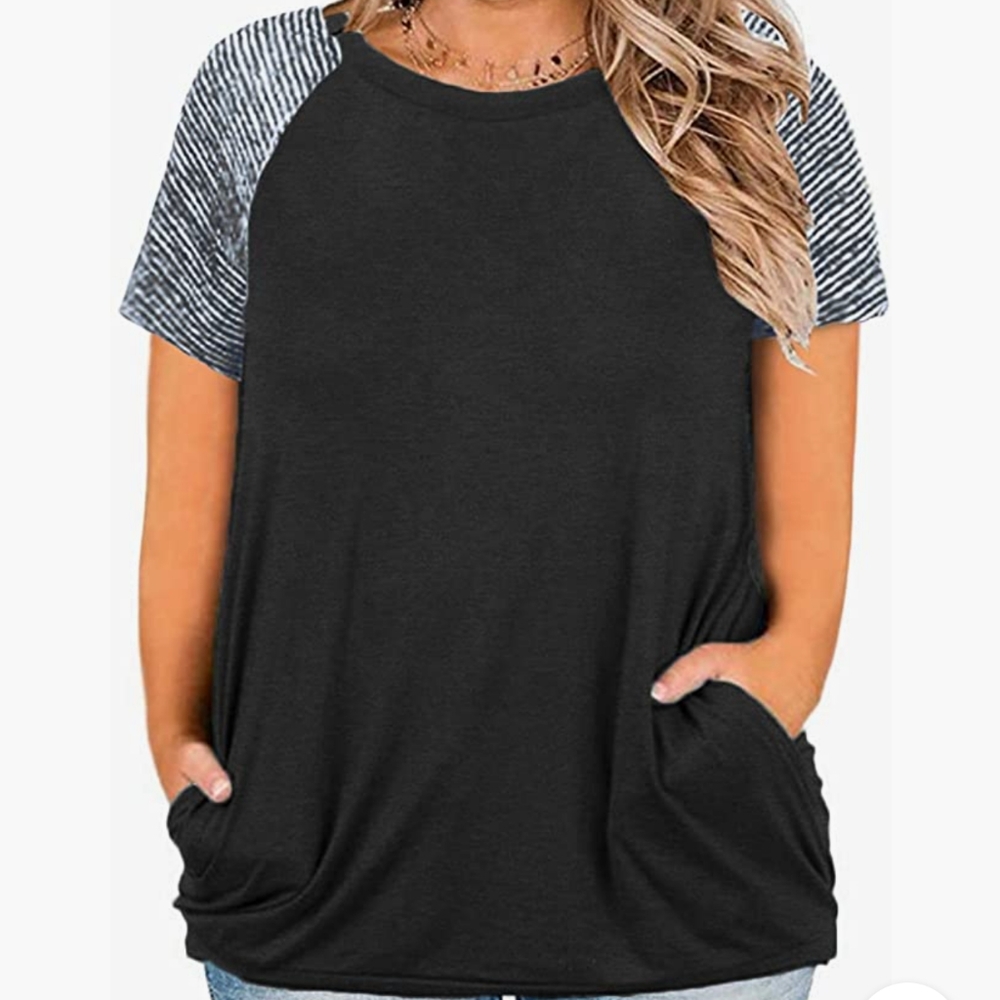 DOLNINE Womens Plus Size Top Short Sleeve Striped Raglan Tunic with Pockets